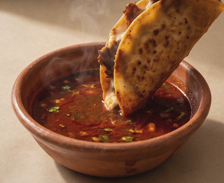 A birria taco dipped into a clay bowl of red consommé