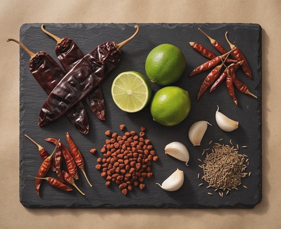 Dried chiles, limes, garlic cloves and whole spices laid out on a slate board