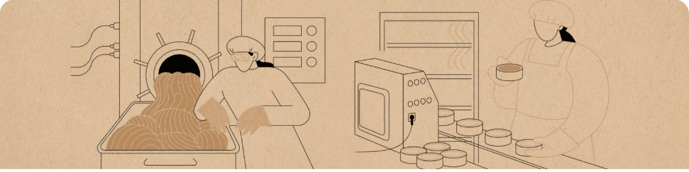 Illustration of a professional kitchen line where FISA Lab seasoning systems are applied