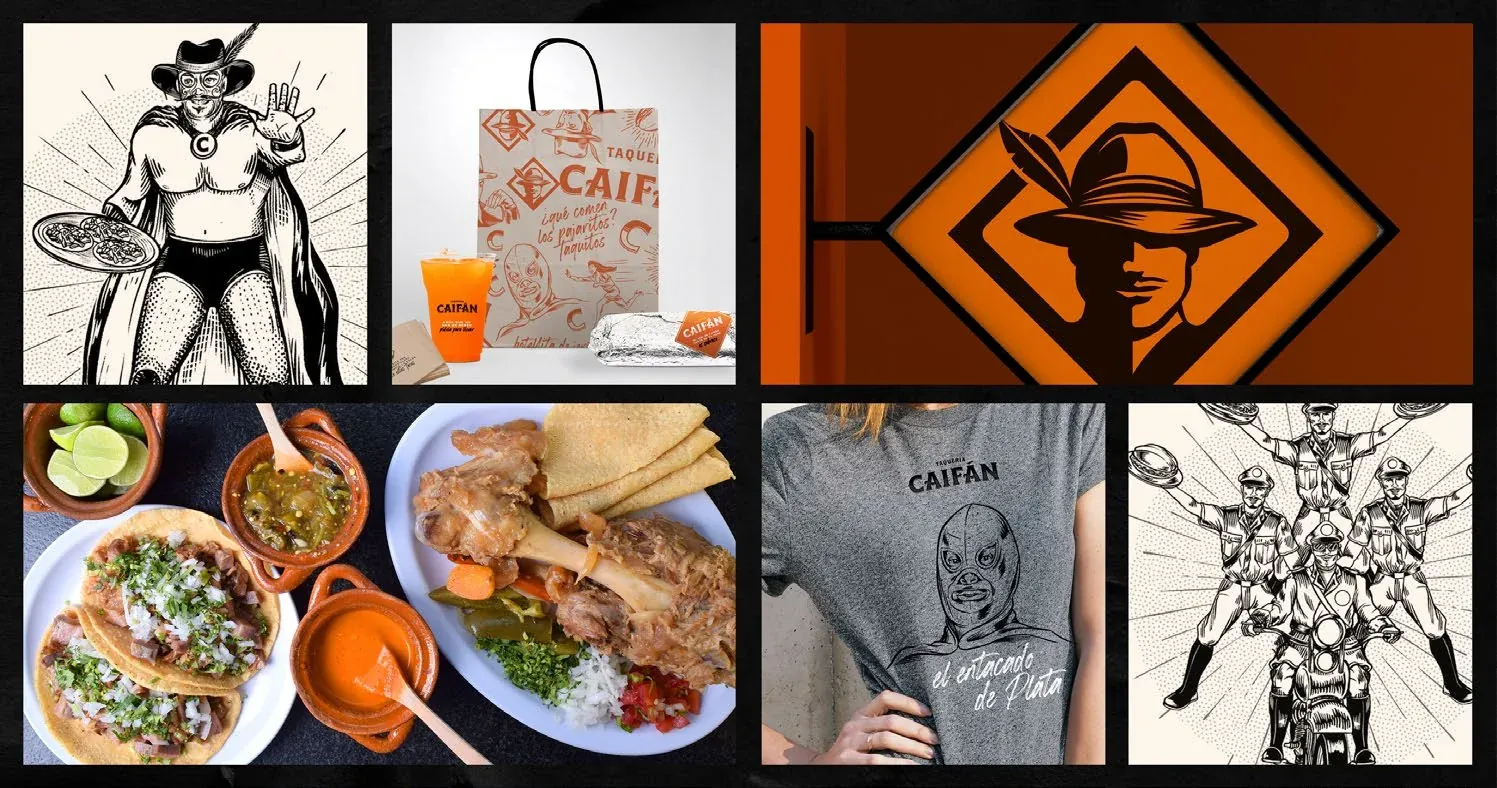 Caifán identity on a takeaway bag, signage, cups and a t-shirt