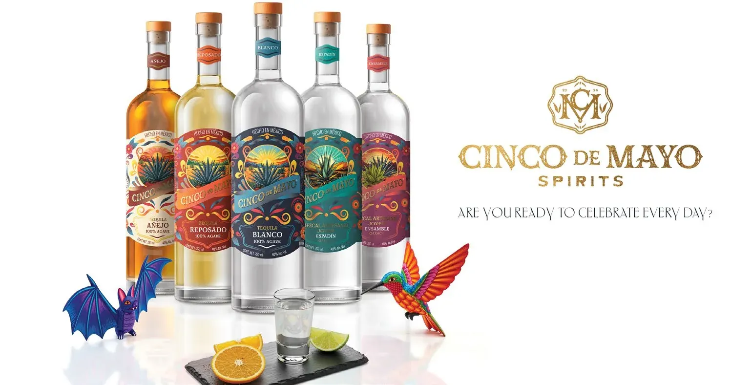 Familia de cinco etiquetas de tequila y mezcal Cinco de Mayo Spirits
