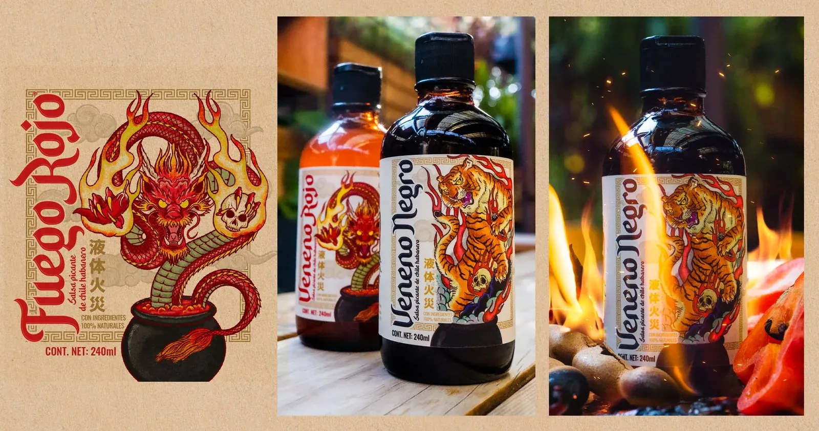 Botellas de salsa Veneno Negro y Fuego Rojo con ilustraciones de tigre y dragón hechas a mano