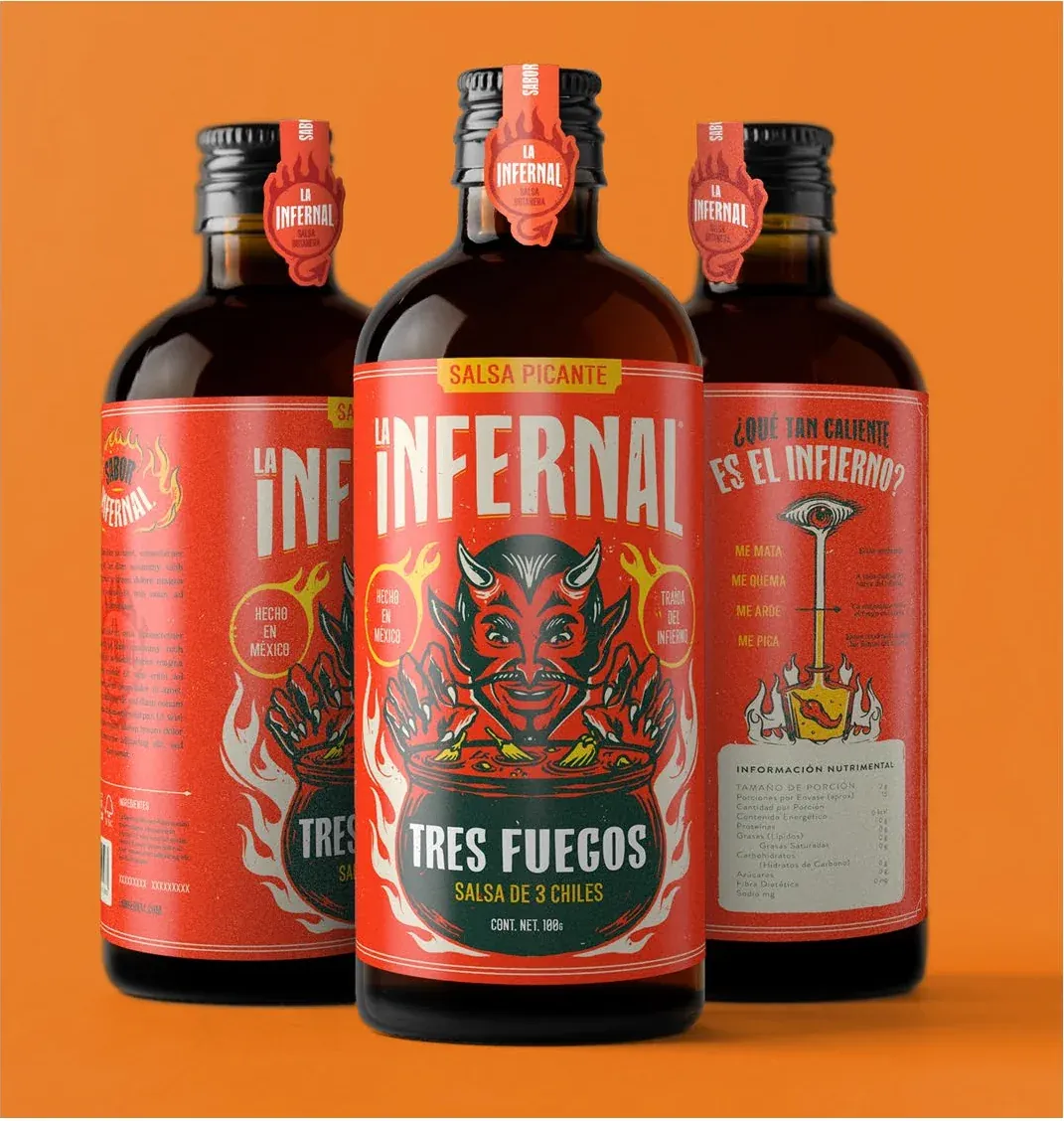 La Infernal hot sauce bottles with front and back labels