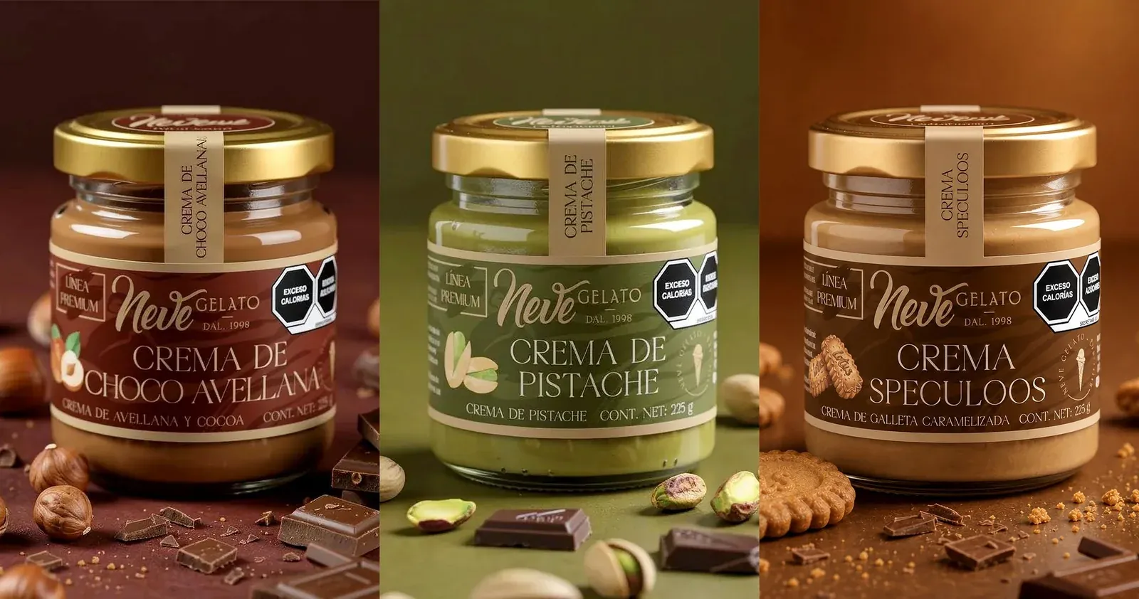 Neve premium spread jars with NOM-051 front of pack warning seals