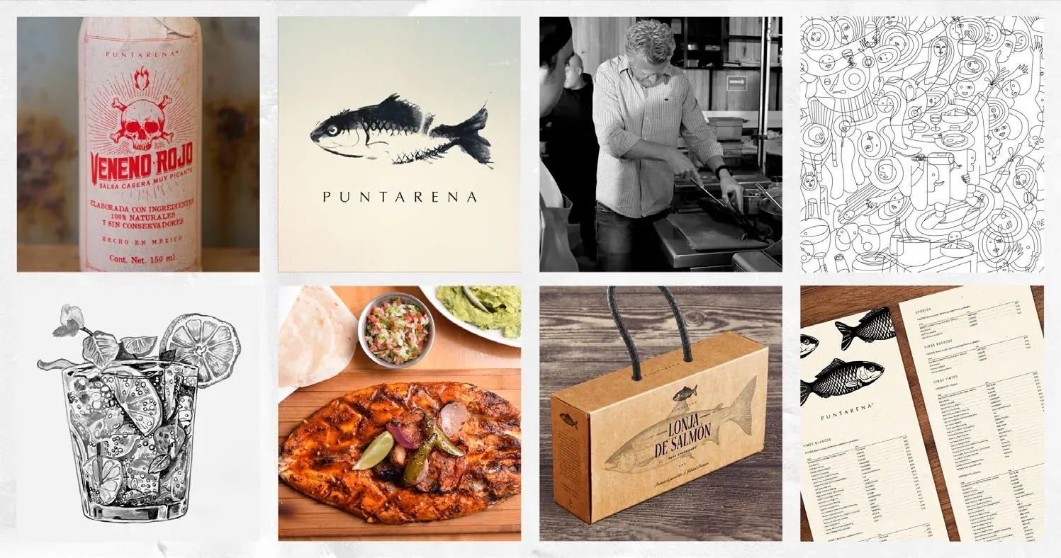 Puntarena salsa bottle, menu, gift box and illustrations