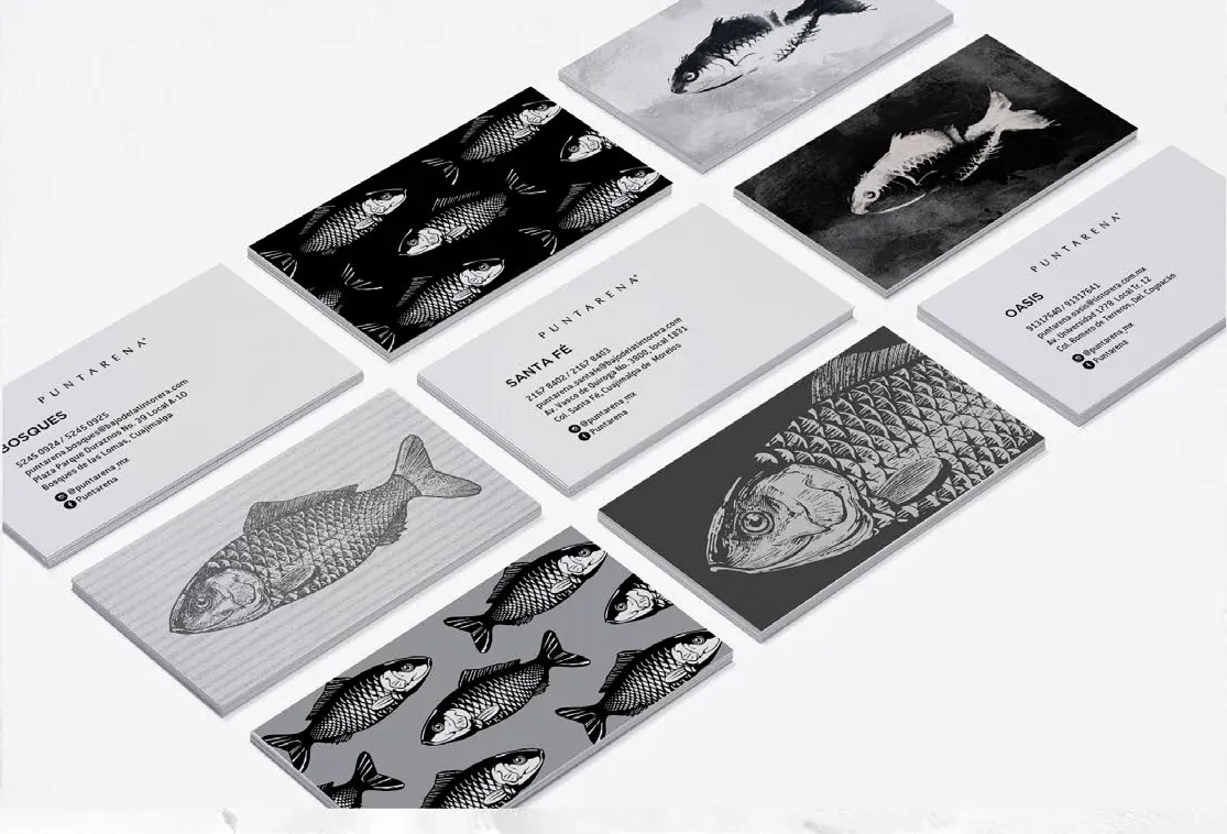 Puntarena business cards with hand-drawn fish illustrations