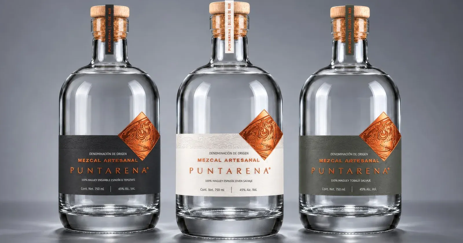 Tres botellas de mezcal artesanal Puntarena con sello de cobre
