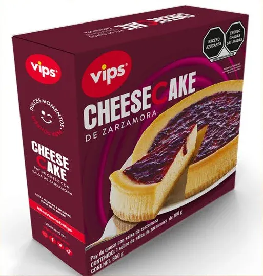 Vips cheesecake box with NOM-051 warning seals